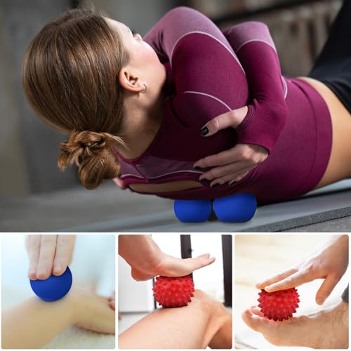Physical Massage Therapy Ball Set: Lacrosse & Spiky Ball Set for Myofascial Release, Plantar Fasciitis, Stress Relief for Back, Neck, Feet - for Home, Office, Gym - color: Blue-red-