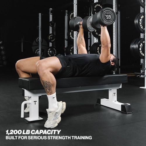 Titan Fitness TITAN Series Single Post Flat Bench, Rated 1,200 LB, 4" Thick HeftyGrip Vinyl Pad, Dedicated Home Gym Competition Weightlifting & Strength Training Utility Bench - color: White
