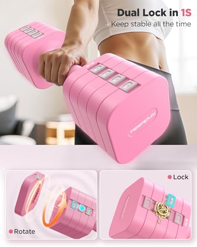 FEIERDUN DB3 5-in-1 Adjustable Dumbbell Set, 6LB/10LB Pair Adjustable Weights for Women at Home, Dual Locking Stable Hand Weights with TPU Soft Handle, Home Gym, Rehab, Pilates, Yoga, Strength Training - color: B-Cute Pink, style: 10LBS Pair (20LBS Total)
