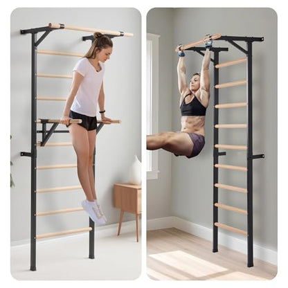 Solid Beechwood Stall Bar, 90" Swedish Ladder Wall Gym with Pull-up Bar & Dip Station, 220lbs Capacity Wall Mounted Gymnastics Ladder for Home Gym Training, Stretching & Bodyweight Exercise
