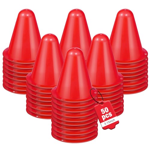 50 Pack 3.15 Inch Mini Cones for Sports Drills,Agility & Footwork Practice,Portable Small Cones for Indoor Outdoor Soccer,Basketball,Team Activities - color: red