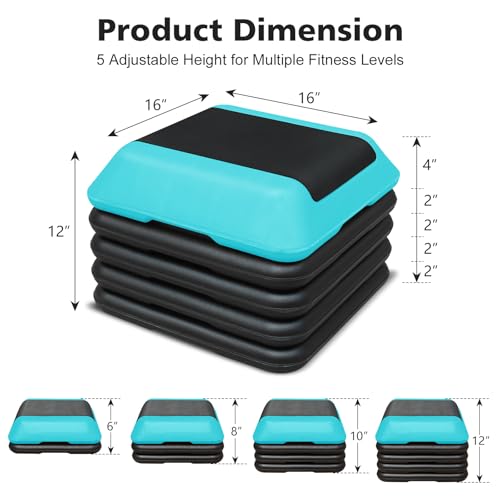 16"x16" Exercise Aerobic Step Platform with 4 Risers, Adjustable Height 4"-6"-8"-10"-12" Workout Stepper for Home Gym Fitness Strength & Training