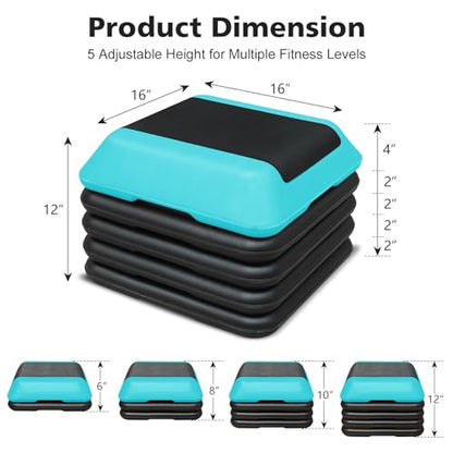 16"x16" Exercise Aerobic Step Platform with 4 Risers, Adjustable Height 4"-6"-8"-10"-12" Workout Stepper for Home Gym Fitness Strength & Training