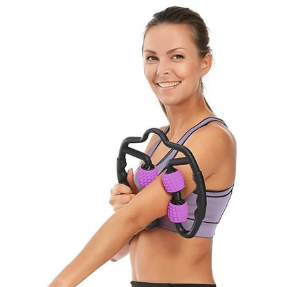 5 STAR SUPER DEALS Quad Roller Massage Stick- U Shaped 360° Deep Massage Ball Tool to Relieve Arm, Leg, Neck Muscle Soreness Stiffness and Tight Muscles (Purple)