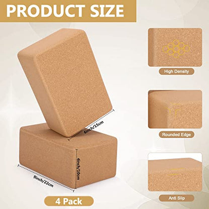 Leitee 4 Pcs Cork Yoga Blocks 9 x 6 x 4 Inch Cork Yoga Brick Non Slip Supportive Equipment High Density Bricks Wood Exercise Blocks Women Gifts for Stretching Flexibility Balance Fitness Pilates