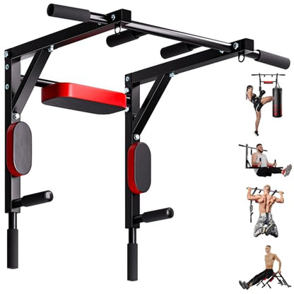 Wall Mounted Pull Up Bar and Dip Station, Heavy Duty Pull-up Chin Up Bar for Indoor Home Gym Workout, Power Tower Set Training Equipment Fitness Dip Stand Supports to 440 Lbs Black