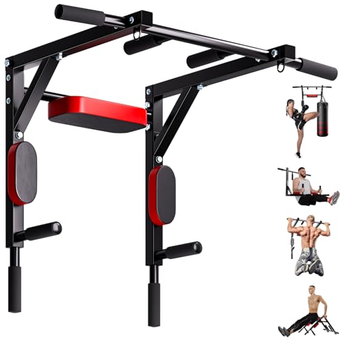 Wall Mounted Pull Up Bar and Dip Station, Heavy Duty Pull-up Chin Up Bar for Indoor Home Gym Workout, Power Tower Set Training Equipment Fitness Dip Stand Supports to 440 Lbs Black