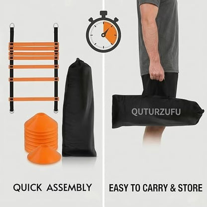 5-in-1 Speed & Agility Training Set – 20ft Ladder (12 Rungs), Resistance Parachute, 12 Cones, Holder, 4 Stakes with Portable Carry Bag for Soccer, Football, Tennis Training