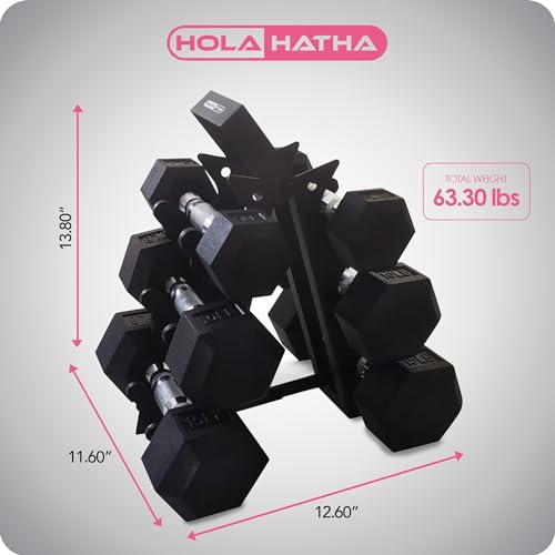 HolaHatha Hexagonal Dumbbell Free Hand Weight Set w/Rack - color: Black, style: 60lb Set