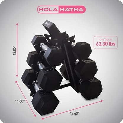 HolaHatha Hexagonal Dumbbell Free Hand Weight Set w/Rack - color: Black, style: 60lb Set
