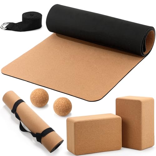 Seenelling 7 Pcs Cork All in One Yoga Essentials Kit Large Cork Yoga Mat and Blocks Set with Carry Strap and Alignment Lines 2 Pcs Massage Balls 10ft Stretch Strap for All Levels