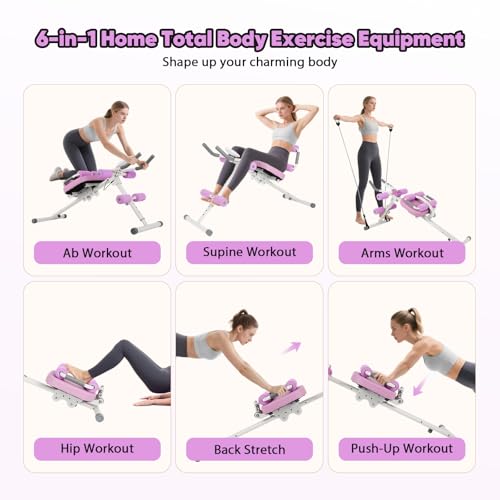 FAHKNS 6 in 1 Adjustable Ab Trainer Machine, Multi-Functional Ab Workout Equipment for Home Gym, Sit Up Exercise and Strength Training (Purple)