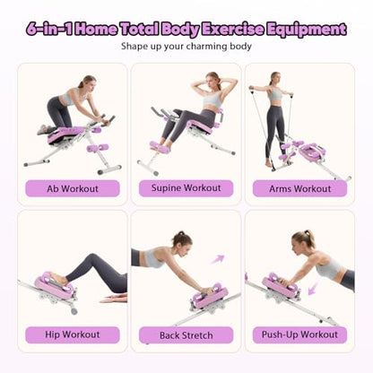 FAHKNS 6 in 1 Adjustable Ab Trainer Machine, Multi-Functional Ab Workout Equipment for Home Gym, Sit Up Exercise and Strength Training (Purple)