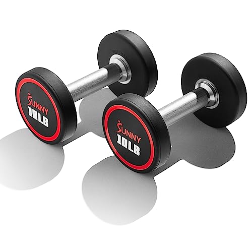 Sunny Health & Fitness Premium Polyurethane Commercial Grade Round Dumbbells with Diamond Knurled Handle, Durable Strength Training Equipment for Home Gym, 5-50LB - color: 10-Pound (Pair)