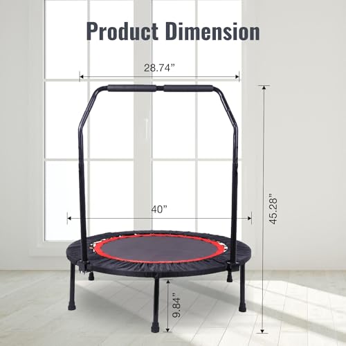 40 Inch Foldable Mini Tranpoline with Handle Bar, Indoor Exercise Rebounder Tranpoline for Adults Fitness, 4 Level Height Adjustable, Compact Storage Design, Max Load 300LBS