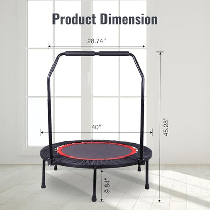 40 Inch Foldable Mini Tranpoline with Handle Bar, Indoor Exercise Rebounder Tranpoline for Adults Fitness, 4 Level Height Adjustable, Compact Storage Design, Max Load 300LBS