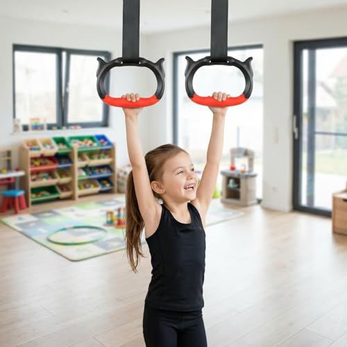 Gymnastics Rings, Children's Home Gym Equipment, Children's Adjustable Strap Strength Training Rings (Red)