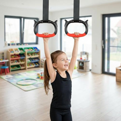 Gymnastics Rings, Children's Home Gym Equipment, Children's Adjustable Strap Strength Training Rings (Red)