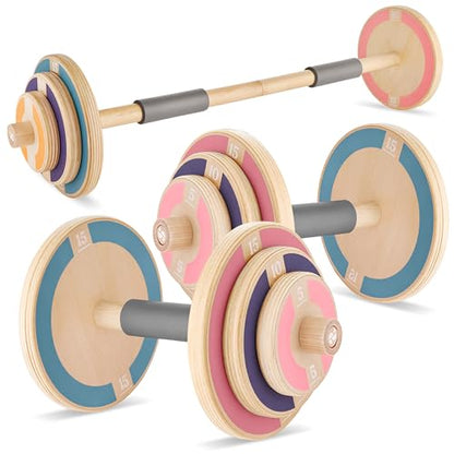 Special Supplies Kids Wooden Workout Play Weights Set - Adjustable Dumbbells and Barbell Set for Home Gym Equipment, Exercise Workout Set for Fitness Activities (Barbell + Dumbbells)