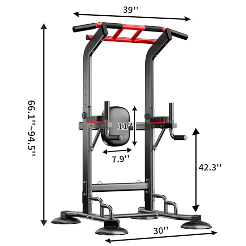 DlandHome Pull Up Bar Power Tower Dip Station, Height Adjustable Heavy Duty Workout Dip Stand, Multi-Functional Strength Training Machine for Men Women Home Gym - color: Black