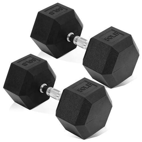 Fitvids Hex Dumbbells Rubber Coated Hand Weights for Exercises and Fitness Home Gym, 5-50 LB Pair - style: 50LBS Pair