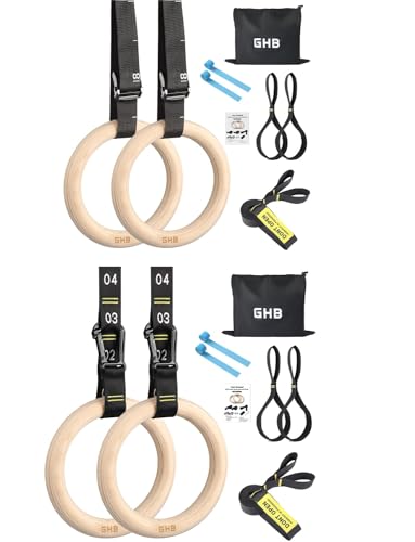 GHB Gymnastic Rings Wooden Gym Rings 1.25" 2 Pack Buckle and Carabiner Numbered Straps
