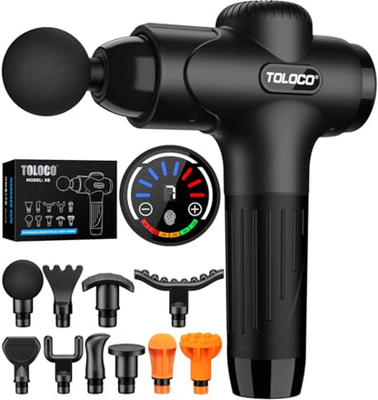 TOLOCO Massage Gun Deep Tissue, Percussion Massage Gun with 10 Replacement Heads, Super Quiet Portable Electric Massager for Athletes, Relax, Fathers Day Dad Gifts, Black - color: Black