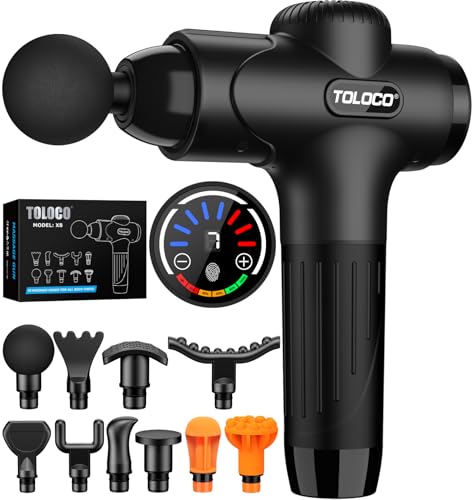 TOLOCO Massage Gun Deep Tissue, Percussion Massage Gun with 10 Replacement Heads, Super Quiet Portable Electric Massager for Athletes, Relax, Fathers Day Dad Gifts, Black - color: Black