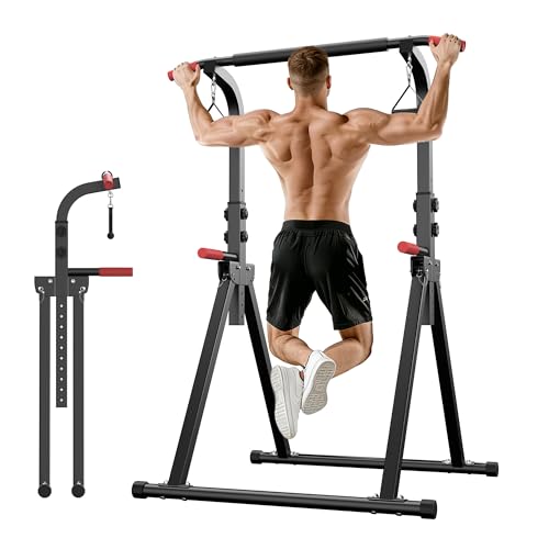 Foldable Pull Up Bar Free Standing Power Tower, 82.9" Adjustable Height Dip Station for Home Gym, Heavy Duty Alloy Steel Strength Training Equipment with Resistance Straps, 350LBS Capacity