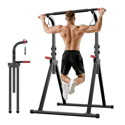Foldable Pull Up Bar Free Standing Power Tower, 82.9" Adjustable Height Dip Station for Home Gym, Heavy Duty Alloy Steel Strength Training Equipment with Resistance Straps, 350LBS Capacity