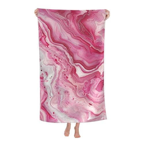 Marble Beach Towel, 32x52in Microfiber Quick Dry Pink White Swirl Fluid Art Bath Towels, Soft Lightweight Oversized Sand Free, for Travel Pool Swimming Gym Decor, Gifts