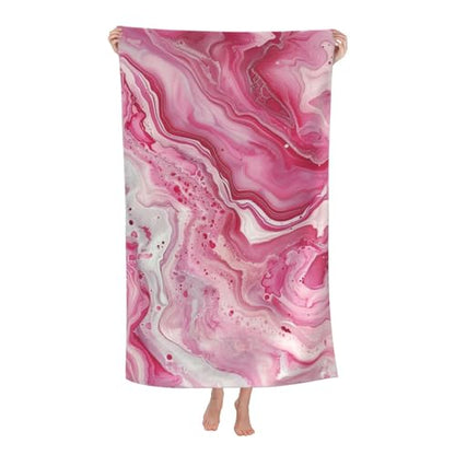 Marble Beach Towel, 32x52in Microfiber Quick Dry Pink White Swirl Fluid Art Bath Towels, Soft Lightweight Oversized Sand Free, for Travel Pool Swimming Gym Decor, Gifts