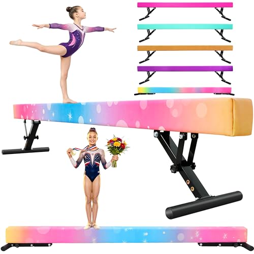 Adjustable Balance Beam,8FT Gymnastic Beam for Kids Adjustable Height Kids Gymnastics Equipment for Home Gym, Anti-Slip Legs,Competition Athletes Practice Indoor Outdoor - color: Bubble Rainbow, size: 7“-17”