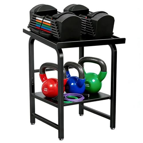 Adjustable Dumbbell Rack Weight Stand, 500LBS Heavy Duty Solid 2-Tier Kettlebell Storage Organizer, Full Rubber Anti-Slip Mat Space Saving Gym Rack for Home Garage (Rack Only, No Dumbbells)