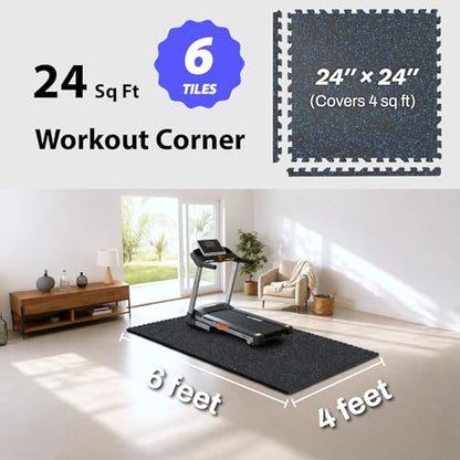 AIRHOP 1'' Ultra-Thick 24 Sq Ft Rubber Top Gym Flooring for Home Gym, 6 Tiles High Density EVA Foam Exercise Mats, Interlocking Puzzle Mats for Home Workout, Floor & Equipment Protection, Black/Blue