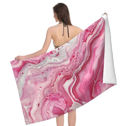 Marble Beach Towel, 32x52in Microfiber Quick Dry Pink White Swirl Fluid Art Bath Towels, Soft Lightweight Oversized Sand Free, for Travel Pool Swimming Gym Decor, Gifts