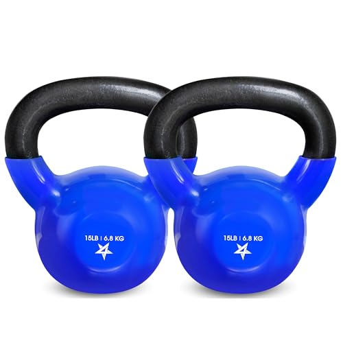 Yes4All Kettlebell, 5-100 LB Vinyl Coated Cast Iron Strength Training Kettlebells for Home Gym Exercises, Fitness, Full Body Workout Equipment, Push Ups, and Grip Strength - color: C. 15LB - Dark Blue, style: Vinyl Coated - Pair