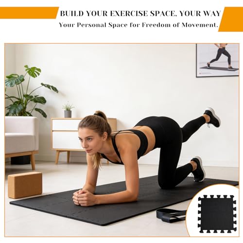 18 Tiles Foam Squares Floor Mat for Home Gym, High-Density Interlocking Floor Tiles Gym Floor Mat for Gym-Equipments, Play Area, Yoga, Cardio, Weights, MMA(Black)
