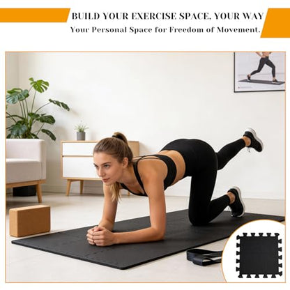 18 Tiles Foam Squares Floor Mat for Home Gym, High-Density Interlocking Floor Tiles Gym Floor Mat for Gym-Equipments, Play Area, Yoga, Cardio, Weights, MMA(Black)