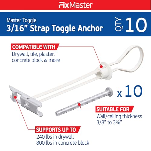 3/16" Heavy Duty Master Toggle-Bolt Strap Anchors (10 Pack) w/ 10 Steel Threaded Studs - 3/16"-24 UNC Fastener Size - Great for TV mounting, 240 lb Holding Strength