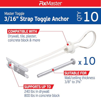 3/16" Heavy Duty Master Toggle-Bolt Strap Anchors (10 Pack) w/ 10 Steel Threaded Studs - 3/16"-24 UNC Fastener Size - Great for TV mounting, 240 lb Holding Strength