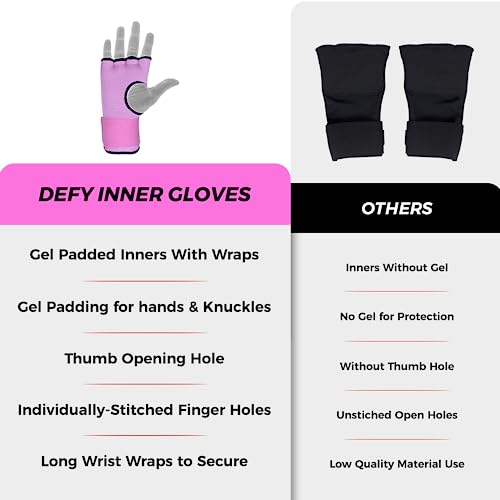 DEFY Padded Inner Gloves Quick 75cm Long Strap – Inner Boxing Gloves Gel Padded Knuckle Protection – Elasticated Boxing Hand Wraps for MMA Muay Thai Kickboxing Martial Arts Pair - color: Pink, size: Large