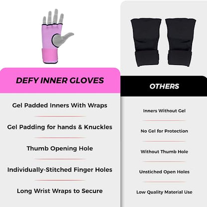 DEFY Padded Inner Gloves Quick 75cm Long Strap – Inner Boxing Gloves Gel Padded Knuckle Protection – Elasticated Boxing Hand Wraps for MMA Muay Thai Kickboxing Martial Arts Pair - color: Pink, size: Large
