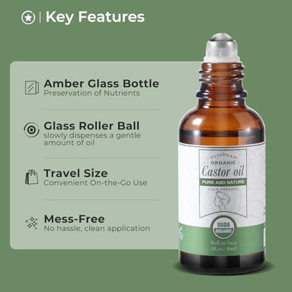 Castor Oil Roll on for Face Eye Hair Scalp Eyebrow, Under Eye Roller, Certified Organic Castor Oil Roller Stick Glass Bottle, Pure Cold Pressed Body Oil - 1fl.oz Small Roller