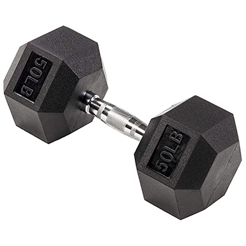 Fitvids Rubber Encased Exercise & Fitness Hex Dumbbell, Hand Weights with Anti-Slip Metal Handle for Home Gym, Multiple Sizes - style: 50LB Single