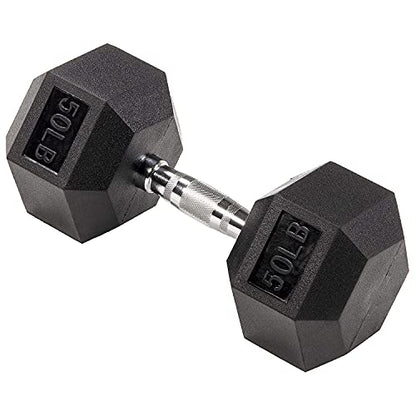 Fitvids Rubber Encased Exercise & Fitness Hex Dumbbell, Hand Weights with Anti-Slip Metal Handle for Home Gym, Multiple Sizes - style: 50LB Single