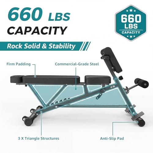 OLIXIS Adjustable Weight Bench, 660 LBS Foldable Workout Bench Press | Heavy Duty Chest Press Machine with Hyper Back Extension & 2 Wheels, for Flat Incline Decline Sit Up for Home Gym - color: Black