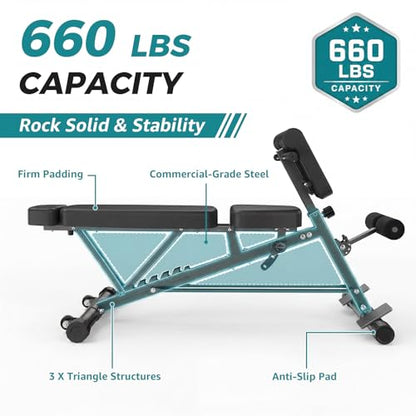 OLIXIS Adjustable Weight Bench, 660 LBS Foldable Workout Bench Press | Heavy Duty Chest Press Machine with Hyper Back Extension & 2 Wheels, for Flat Incline Decline Sit Up for Home Gym - color: Black