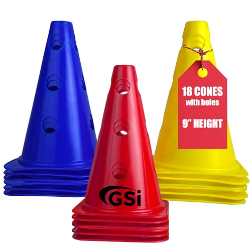 GSi Hurdle Training Cones | Multi Pack Sets | Dual Purpose Agility Cones with Holes | Ideal for Soccer, Kids, Dog, and Sports Training - style: 9" with Hole - 18 Pack