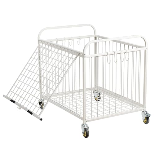 MyGift Large Capacity Metal Rolling Multi Sports Ball Cage Storage Hopper, Gym Equipment Basket Cart with Lockable Latch, Heavy Duty Caster Wheels, and 8 Accessory Hooks